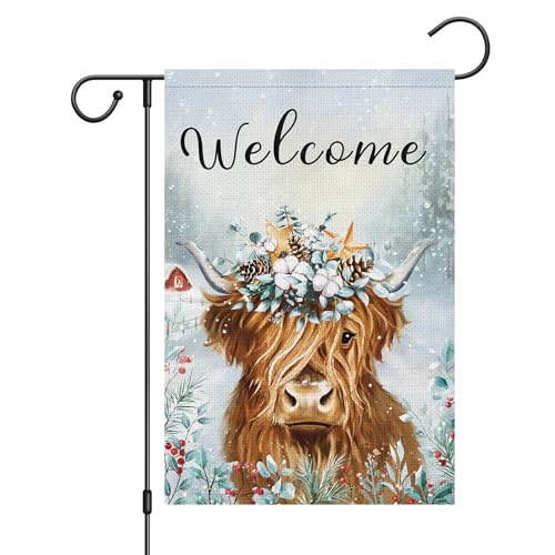 Wodison Welcome Winter Garden Flag Burlap Double Sided Vertical 12x18 Inch Highland Cow Winter Flag Farmhouse Yard Outdoor Decor