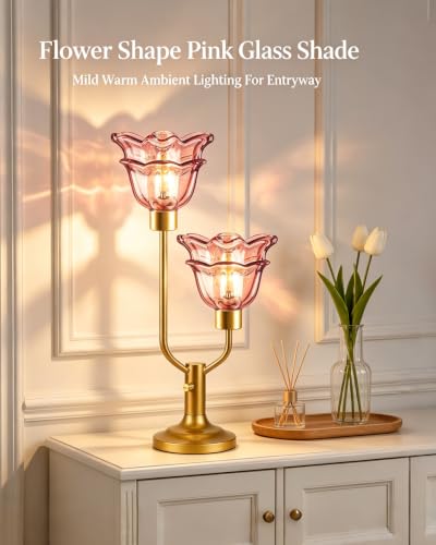 Image of Lightdot Mid Century Modern Flower Table Lamp Vintage Pink Lamp Dimmable | Nightstand Lamp Glass Gold Desk Lamp 2 Bulbs Included Warmwhite Ambient Bedside Lamps for Living Room Bedroom Home Decor Gift