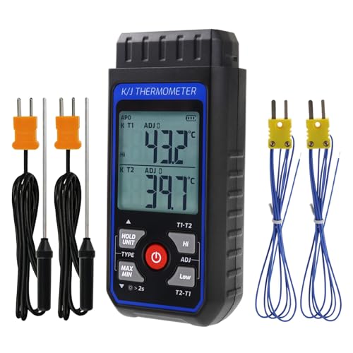 Thermomètre numérique thermocouple double canal type K/J avec 4 sondes thermocouples de type K, plage de -328 à 2501 °F, thermomètre industriel HVAC avec alarme et compensation ADJ