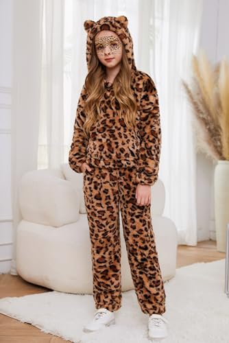 Image of Arshiner Girls 2 Piece Outfits Sweatsuit Fuzzy Long Sleeve Bear Ear Hoodie Sweatshirt and Sweatpant Kids Clothing Sets