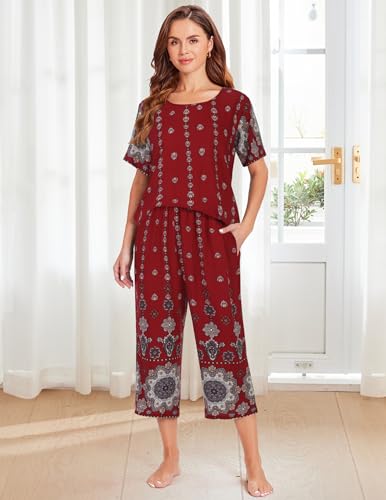 Image of Ekouaer Women's Two Piece Lounge Set Short Sleeve Shirt and Capri Pants Mumu Pajama with Pockets Loungewear Pjs Sets S-2XL