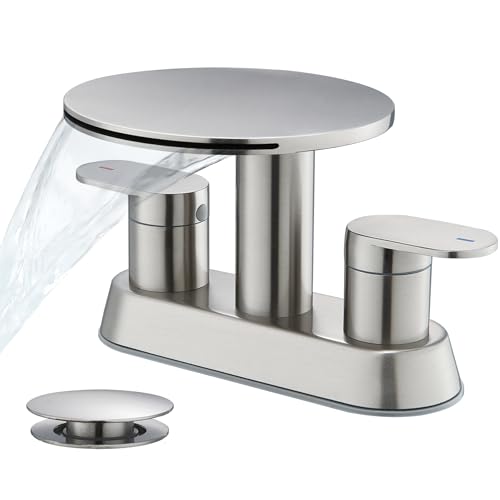 Waterfall Bathroom Sink Faucet 3 Hole Brushed Nickel，Modern 2 Handle
