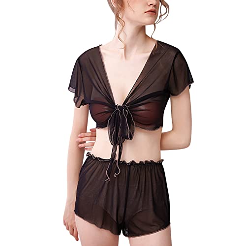 Lingerie 2 pièces femmes YZCIS avec chemise de nuit en dentelle noire