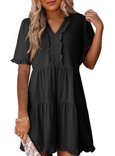 Image of Dokotoo Womens Summer Dresses 2026 V Neck A Line Short Sleeve Casual Ruffle Babydoll Mini Dress