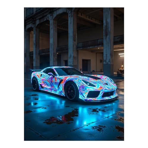 VOSERY Neon Sports Car in Abstract Garage Diamond Art Kits for Adults - DIY 5D Full Drill Diamond Painting for Home Wall Decor, Frameless Diamond Painting Kits for Adults Beginner
