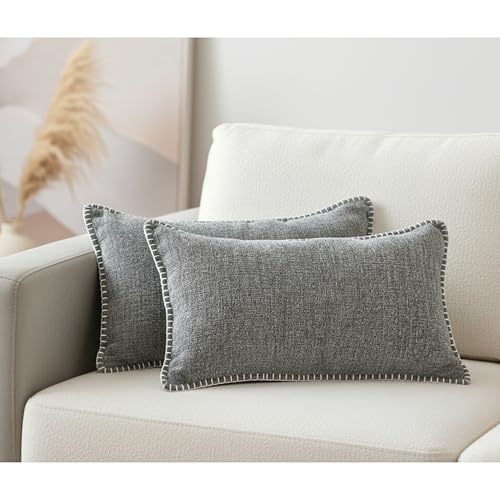 Textured Chenille Small Lumbar Pillow Covers with Stitched Edges 12 x 20 inch Heather Dark Grey Set of 2 Velvet Soft Chenille Cushion Covers Modern Farmhouse Pillow Cases for Couch Living Room