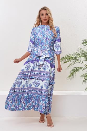 Image of Women Boho High-Waist Floral Print Maxi Dress 3 /4 Sleeve Casual | Soft Rayon, Breathable, Quick-Dry. High-Waist with Adjustable Belt, Flattering Hem. Ideal for Beach, Work & Dating.