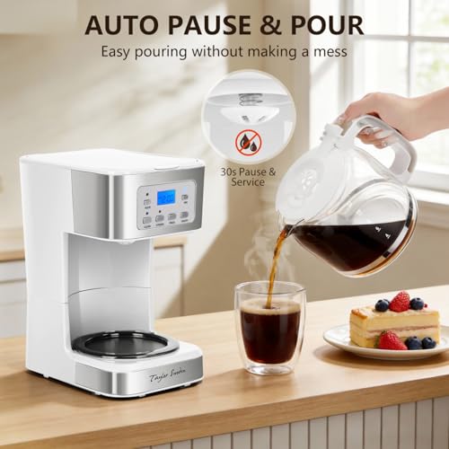 Image of Taylor Swoden 12-Cup Programmable Coffee Maker, Regular & Strong Brew Drip Coffee Machine for Home and Office, Glass Carafe, Pause & Serve, Auto Shut Off, White & Stainless Steel