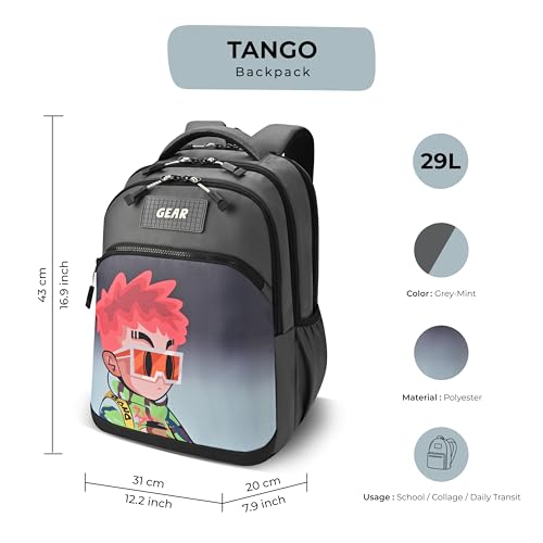 Image of Gear Tango Backpack 17 inch /29L Medium Water Resistant School Bag /Casual Backpack /Daypack /Kids Bag for Boys /Girls (Grey-Mint)