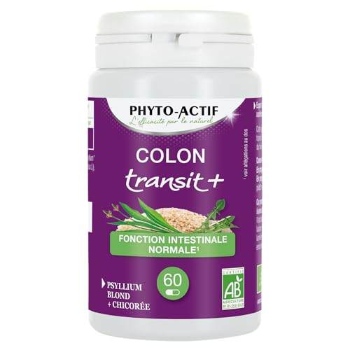 PHYTO-ACTIVO |Colon Transit + | Suplemento dietético digestión | Función intestinal normal | Facilita el tránsito intestinal | Psyllium rubio & achicoria | Bio | 60 cápsulas
