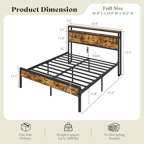 Image of AMERLIFE Full Size Bed Frame with Storage Headboard & Charging Station, Industrial Metal Platform Bed with Large Under-Bed Storage, Heavy Duty Slats, No Box Spring Needed, Dark Brown