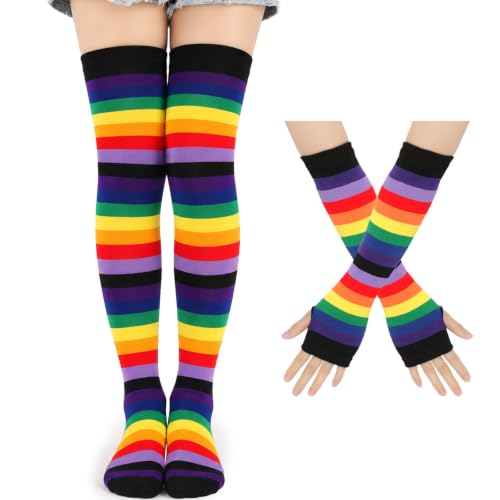 Image of Black and White Striped Arm Leg Warmers Sleeves Set Rainbow Socks Knee High Fingerless Gloves Hand Thigh Warm