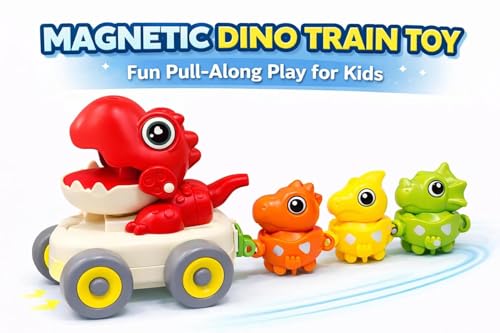 Image of Cable World Magnetic Dinosaur Train Toy for Kids 3+ | Pull Back Press & Go Dino Car with 3 Baby Dinosaurs | Magnetic Linking with Whistle Sound | Educational Toddler Toy Gift for Kids (Multi Color)