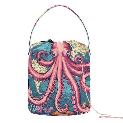 Image of Tatenale Crochet Bag Yarn Bag Knitting Project Bag with Pockets and Handle Portable Yarn Storage Organizer Tangle Free 8.3x11 InchWorld Map Octopus Corals and Seaweeds28