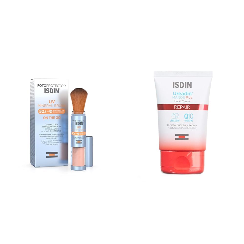 ISDIN Fotoprotector Uv Mineral Brush Spf 50+, Protector Solar Facial De Uso Diario On The Go, Activos Antipolucion, 2 G + Crema de manos hidratante Ureadin Manos Plus 50 ml