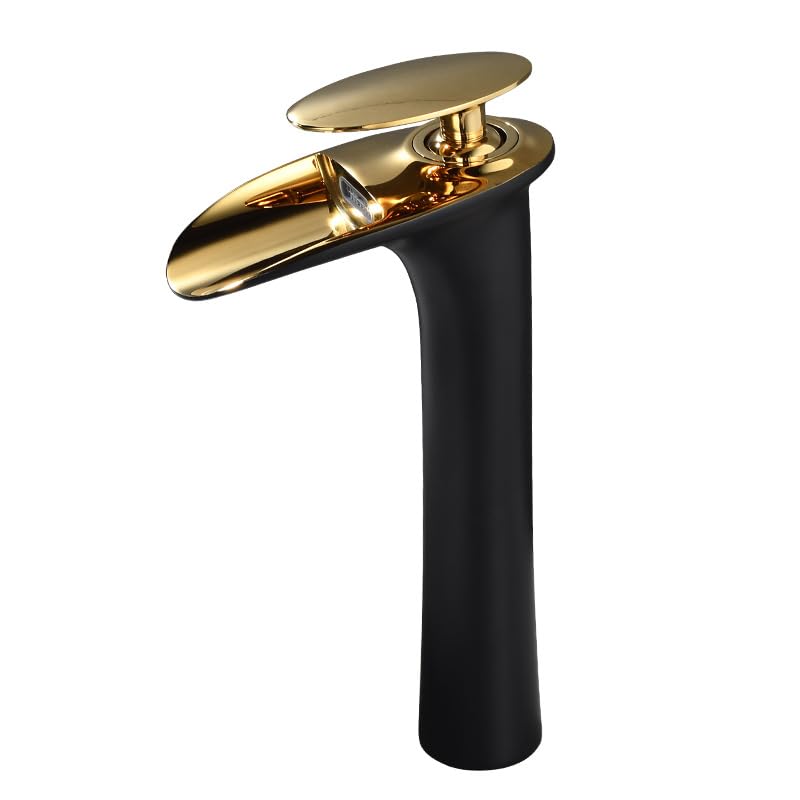Robinet de salle de bain 1 trou finition noir et or haut de gamme avec bec cascade premium