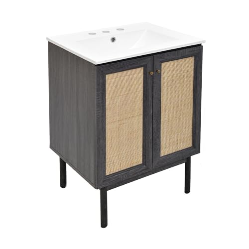 Image of Swiss Madison Classe 24 in. Black Oak Bathroom Vanity with White, 3-Hole Ceramic Sink Top