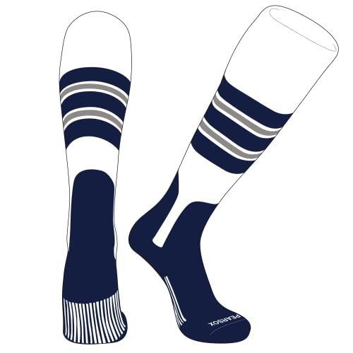PEAR SOX OTC Baseball Softball Stirrup Socks (E, 7in) White, Navy, Silver, Navy