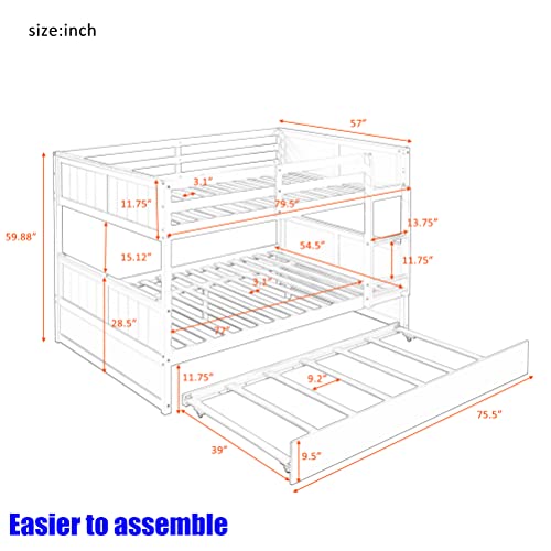 LONCQKAYS Latest Upgrade and Stronger Bunk Bed Full Over Full with Trundle, Thickened Safer Solid Wood Full Over Full Size Bunk Bed Frame Bunkbeds, Convertible Design (Faster Assembly) (White) - Image 3