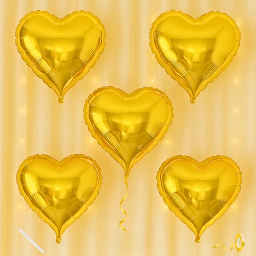 Image of Pack of 5 Heart Balloons for Happy Birthday Decoration Gold Kit Baby Boys Girls Kids Men Women Car Boot Living Room Heart Shaped Foil Balloon Set Items Golden