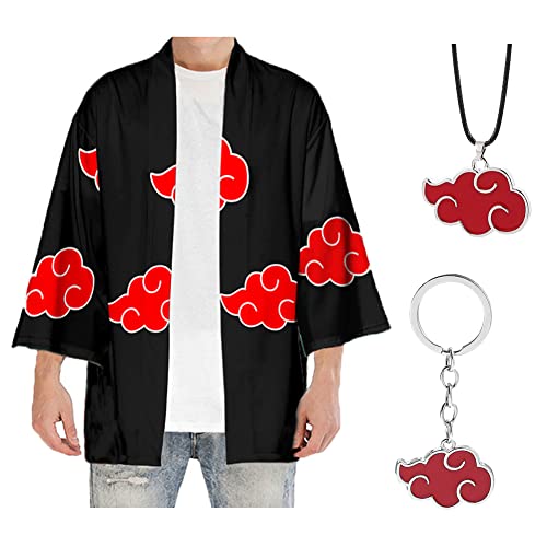 Akatsuki Veste Cosplay Uchiha Itachi Anime Déguisement Halloween Ninja Cape Été Noir Accessoire Akatsuki Collier Obito Itachi Vêtement Kimono Japonais Costume Fête Carnaval Enfant Adulte (S)