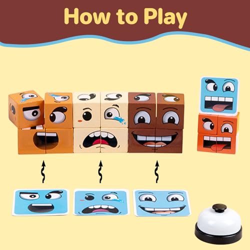 Image of Face Changing Magic Cube Game, Wooden Expression Puzzle Block Games, Fine Motor Skills Board Games for Kids & Adults with Bell