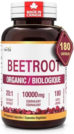 Herba 10,000mg Organic Beet Root Supplement – 180 Capsules | 20:1 Beet Root Powder in Capsule | Nitric Oxide Supplements for Men & Women | Made in Canada