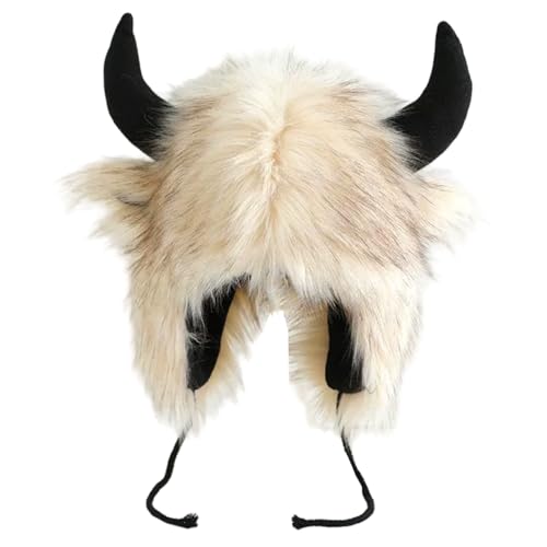 Chapeau de buffle avec cornes en fourrure beige pour costume de fête