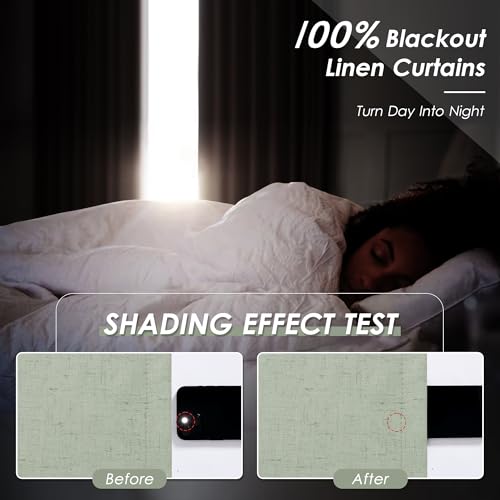 Image of Nanspring Mist Sage 100% Blackout Linen Curtains for Bedroom 84 Inch Length 2 Panels Set Back Tab Thermal Insulated Boho Black Out Curtain for Living Room Cortinas Blackout para Dormitorio 52x84