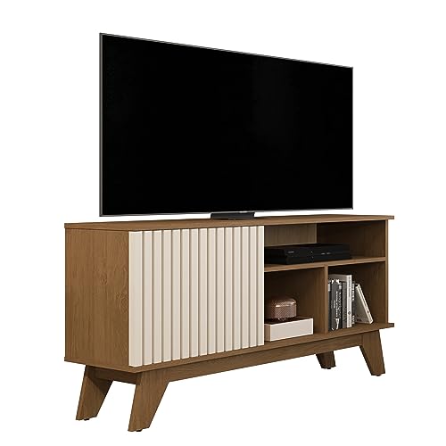 Rack Ripado Lily para sala com 1porta e 1 prateleira cor:freijó/offwhite