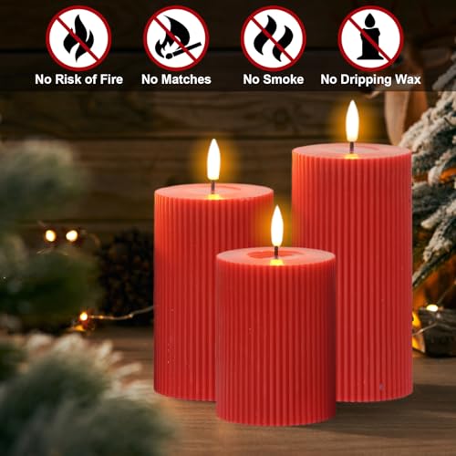 Image of Battery Operated Flameless Candles with 6 Hour Timer 3 Pack Real Wax Vertical Stripe 3D Wick Flickering LED Pillar Candles Dinner Wedding Christmas Holiday Decor(Red, 3 inch D x 5 inch, 6 inch, 7 inch H)
