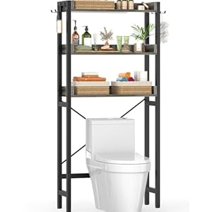 Ecoprsio Over-The-Toilet Storage Rack, 3-Tier Bathroom Organizer Shelf Over Toilet, Freestanding Space Saver Toilet Stands with 4 Hooks, Grey
