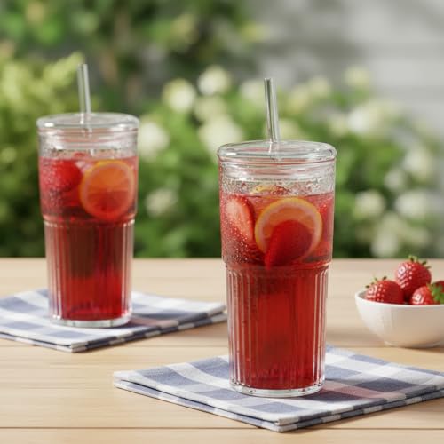 Image of ginoya brothers 600ml Glass Mason Tumbler with Lid and Straw - Leakproof Reusable Drinking Cup for Juice, Smoothies, Iced Coffee, Tea, Cold Beverages. (Pack of 1)