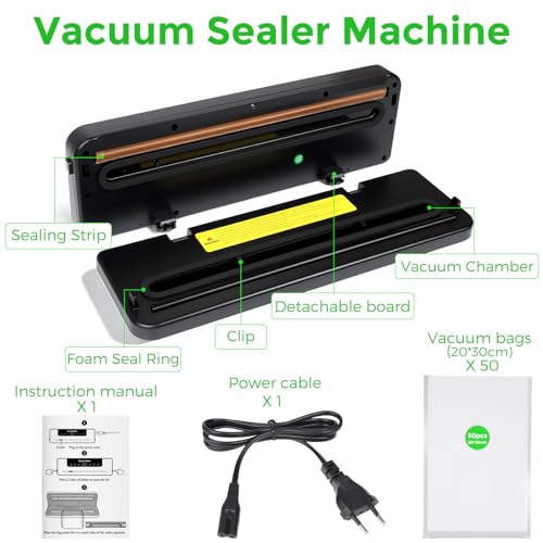 Máquina selladora al vacío, selladora de alimentos con temporizador digital, Envasadora al Vacio 6 en 1 con cortador, conservación de alimentos al vacío con 50 bolsas - imagen 7