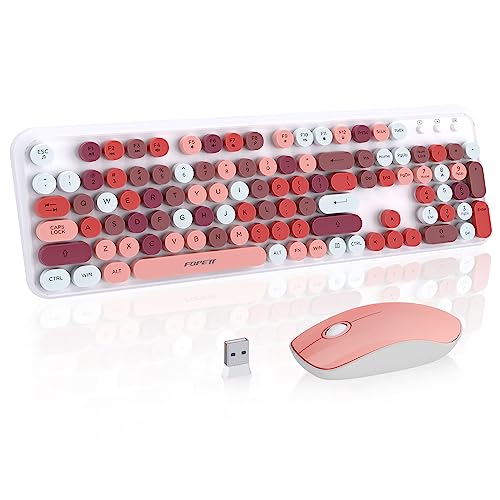 Image of Pink Wireless Keyboard and Mouse Combo, Aesthetic Retro Typewriter Style Round Key Keyboard, 2.4Ghz Wireless Cute Colorful Full Size Keyboard with Number Pad for Long Nails PC Laptop Desktop