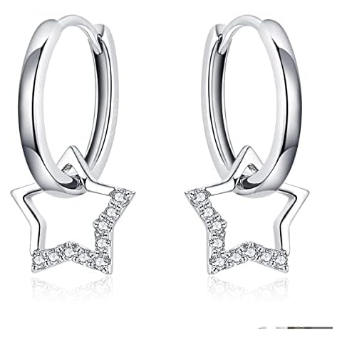 Star Dangle Hoop Earrings,Sterling Silver Huggie Hoop Earrings with Sparkling CZ Star Charms Hypoallergenic 925 Silver Hoop Dangle Earrings for Women Jewelry Gift Cover