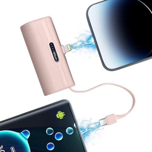 SYSFUN Portable Mini Power Bank Charger for iPhone Apple (Direct Plugin) and for USB C Android Device (Wired), 4800mAh Emergency Fast Charge Small External Battery Power Bank -Pink