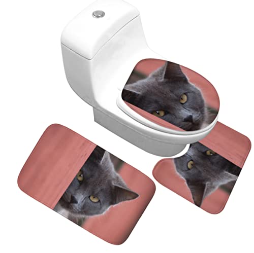 3 Teilig Badematte Set Dunkelgraue Katze 0 3D Badematten Set rutschfest, Badezimmerteppich,U-förmiger WC-Vorleger,WC…