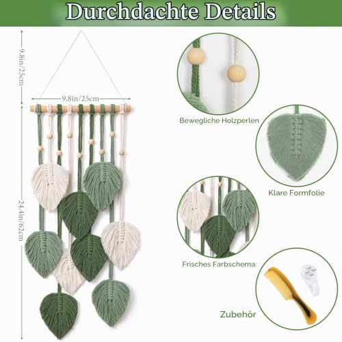 Makramee Wandbehang Blätter grün – Handgewebter Boho Wandteppich aus Baumwolle mit Holzstäben und -perlen, 25x62 cm – Bild 3