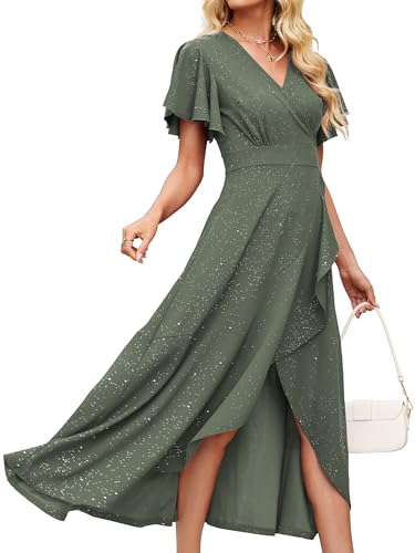 Formal Dresses for Women,Gowns Evening Party Cocktail Dress,Long Split Elegant V Neck Wrap Ruffle Wedding Guest A-line Dresses Glitter - Army Green-L