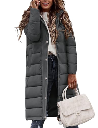 Tuopuda Wintermäntel Damen Lang Steppmantel Winter Daunenmantel Warm Jacke Mantel Daunenjacke Steppjacke mit Kapuze und Reißverschluss, Dunkelgrau, L