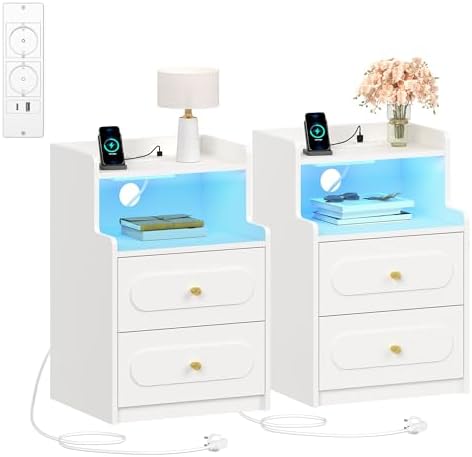 Table de Chevet Lot de 2 avec Lumière LED et Multiprise, Table de...