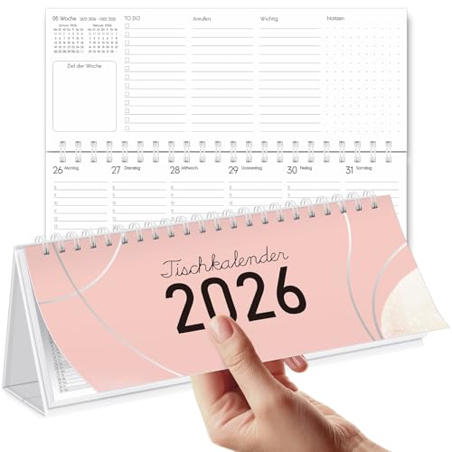 SKYDUE Tischkalender 2026 Tischkalender 2026 Quer Wochenkalender 2026 Stehkalender Mit 1 Woche 2 Seiten Terminkalender 29 7 X 11 7 cm (Rosa Silber)