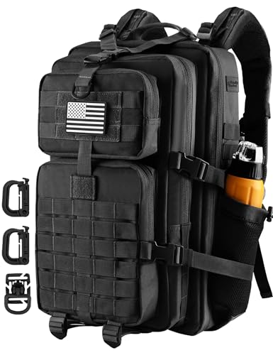 Hannibal Tactical 45L MOLLE Assault Backpack, Tactical Backpack Military Army Camping Rucksack with Bottle Holder, 3-Day Pack Trip w/USA Flag Patch, D-Rings, Black with Grey Patch