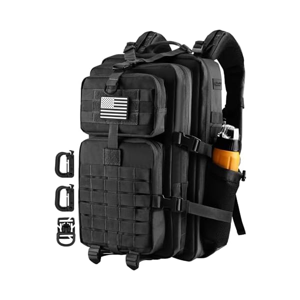 45L MOLLE Assault Backpack, Tactical Backpack Military Army Camping Rucksack with Bottle Holder, 3-Day Pack Trip w/USA Flag Patch, D-Rings, Black with Grey Patch