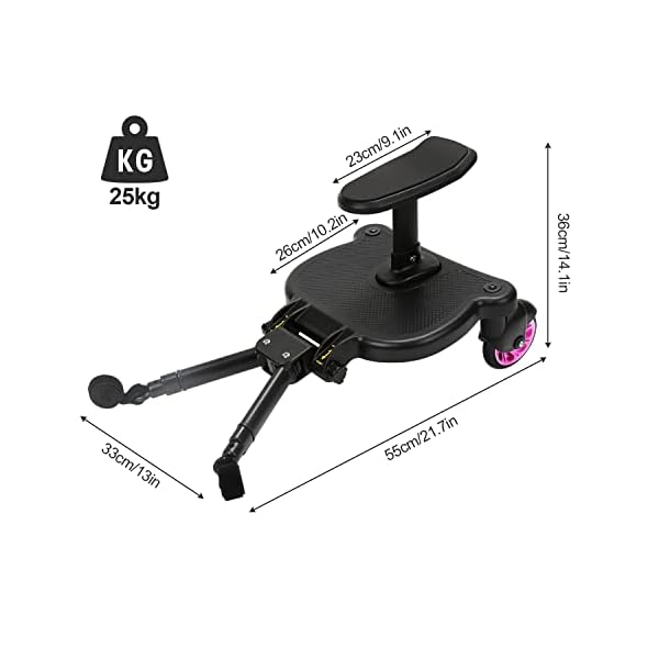Gimisgu Buggy Board mit Sitz, Mitfahrbrett Trittbrett, Universal Stehbrett, 360°Zweirad Design, Kinderwagen Zubehör, mit Kinderwagensitz, passend für jeden Kinderwagen erhältlich(Rosa) – Bild 7