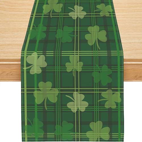 Siilues St Patricks Day Table Runner, Green Plaid Shamrock Clover ...