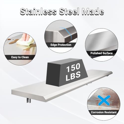 Image of Folding Concession Stand Shelf 18 inch x 48 inch Spliced Style for Kitchen | Stainless Steel Drop Down Serving Food Shelf, Easy to Clean & Space-Saving Concession Shelves for Garage, Food Cart
