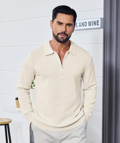 Polo de punto para hombre clásico de manga larga con cuello térmico y cremallera, color sólido, ligero y cálido, tacto suave y agradable para la piel, acanalado, ajuste regular, transpirable, para otoño e invierno miniatura 2