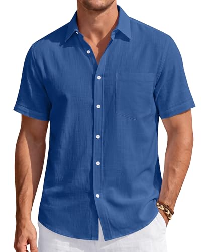 Image of J.VER Mens Linen Shirt Short Sleeve Button Down Casual Summer Shirts | Cotton Linen, Untucked, Big Tall, from Beach Camp Vacation, Cruise Fishing, Work Office, to Wedding Party Family, with Pocket